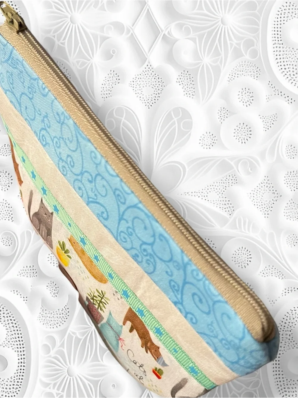 Teacup Pouch Cat Print Quilted Pouch in Blue and Cream
